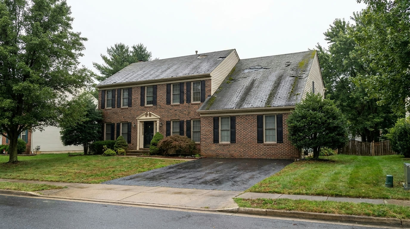 Before roof replacement: worn, curling 3-tab asphalt shingles with streaking