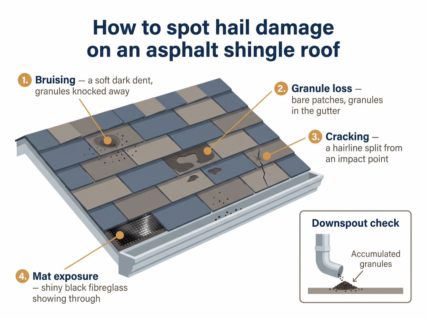Diagram of hail damage on an asphalt shingle roof, with four labelled conditions: bruising, a soft dark dent where granules have been knocked away; granule loss, bare patches with granules collecting in the gutter; cracking, a hairline split radiating from an impact point; and mat exposure, shiny black fibreglass showing through. A side panel headed Downspout check shows granules accumulated beneath a downspout elbow.