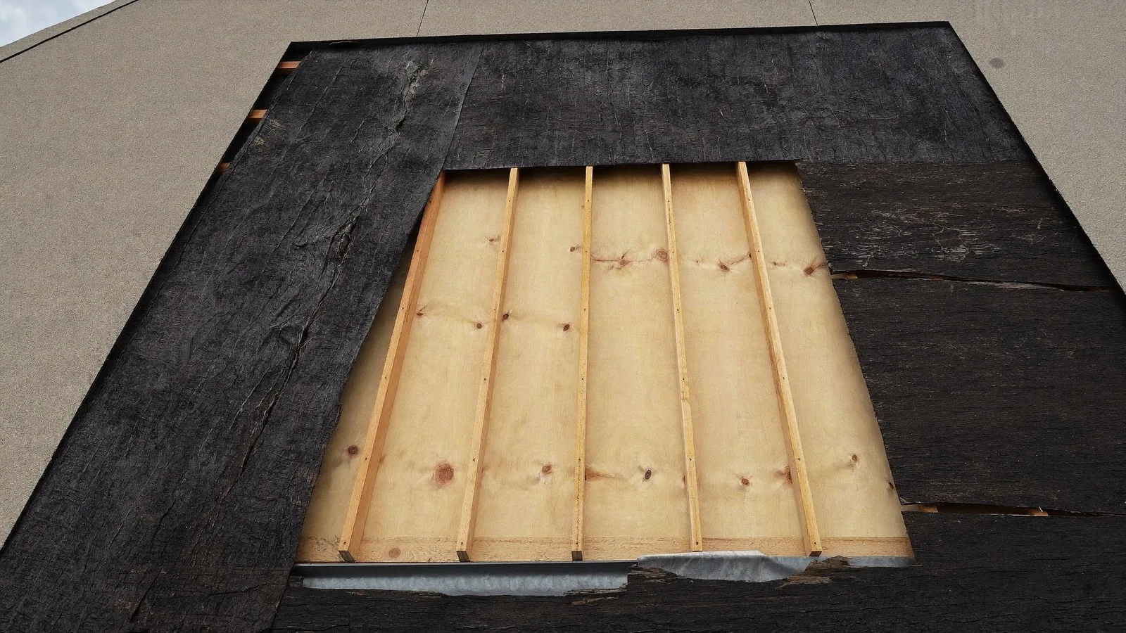 A roof plane opened up during a tear-off, with the old shingles and underlayment folded back to expose bare plywood decking and the rafters beneath