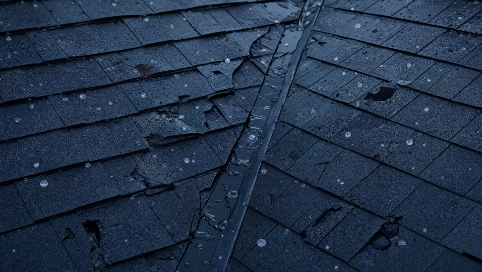 A wet shingle roof after a storm, water beaded across the tabs and several shingles cracked or torn away along the valley