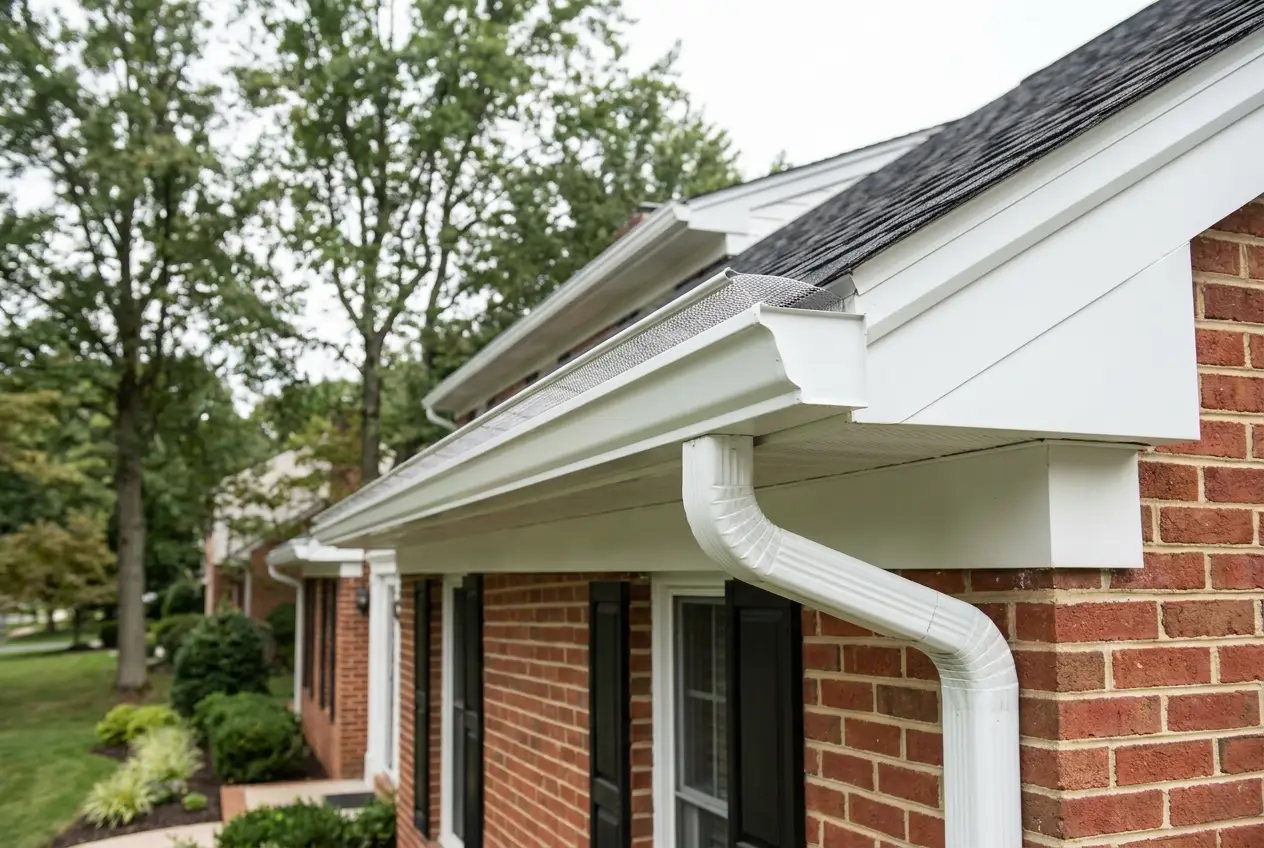 Newly installed seamless white aluminum gutters with leaf guard and downspout on a DMV brick colonial