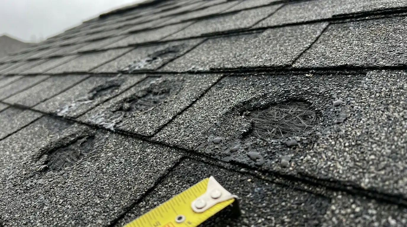 A hail bruise on an asphalt shingle, circled in chalk