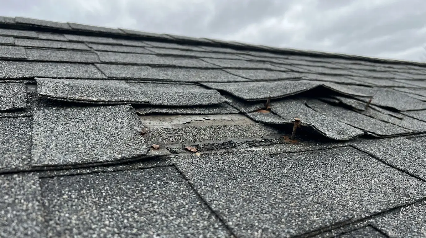 A chalked test square on a shingle roof with individual impact marks counted and labelled inside it