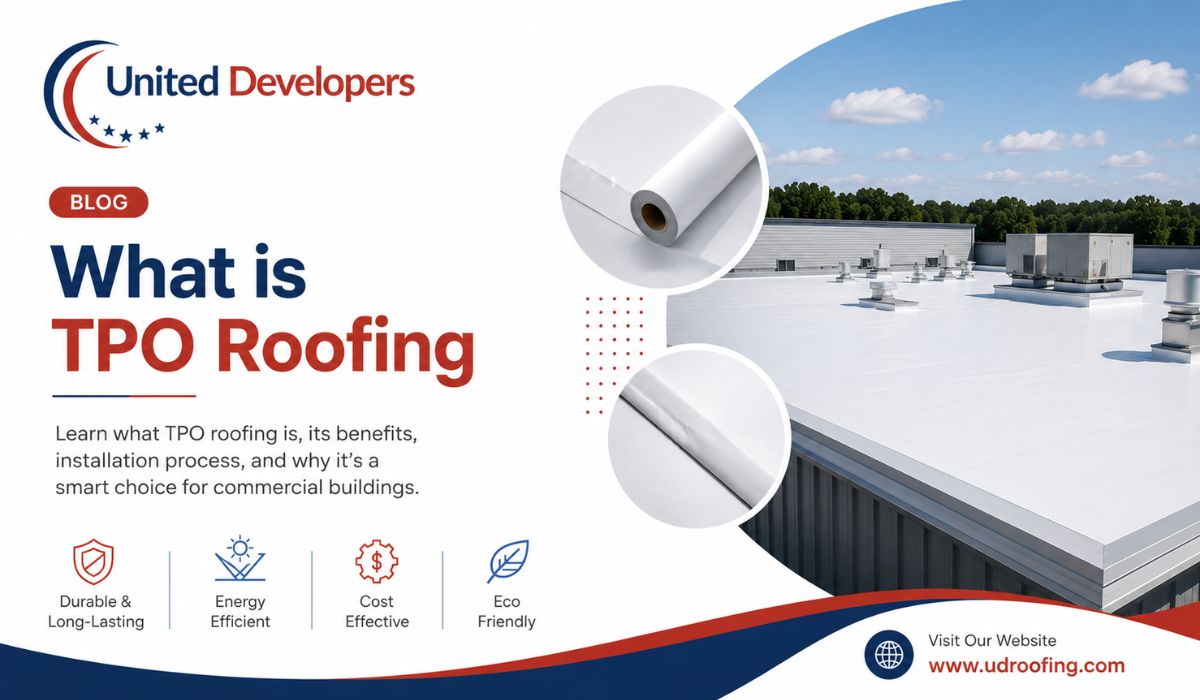 What is TPO Roofing? Commercial flat roof with white TPO membrane installation.