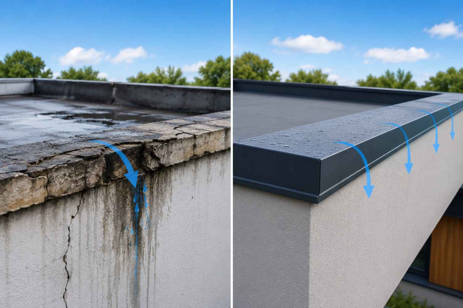Split image showing a damaged roof edge with cracks and water stains beside a properly installed roof coping with clean protection.
