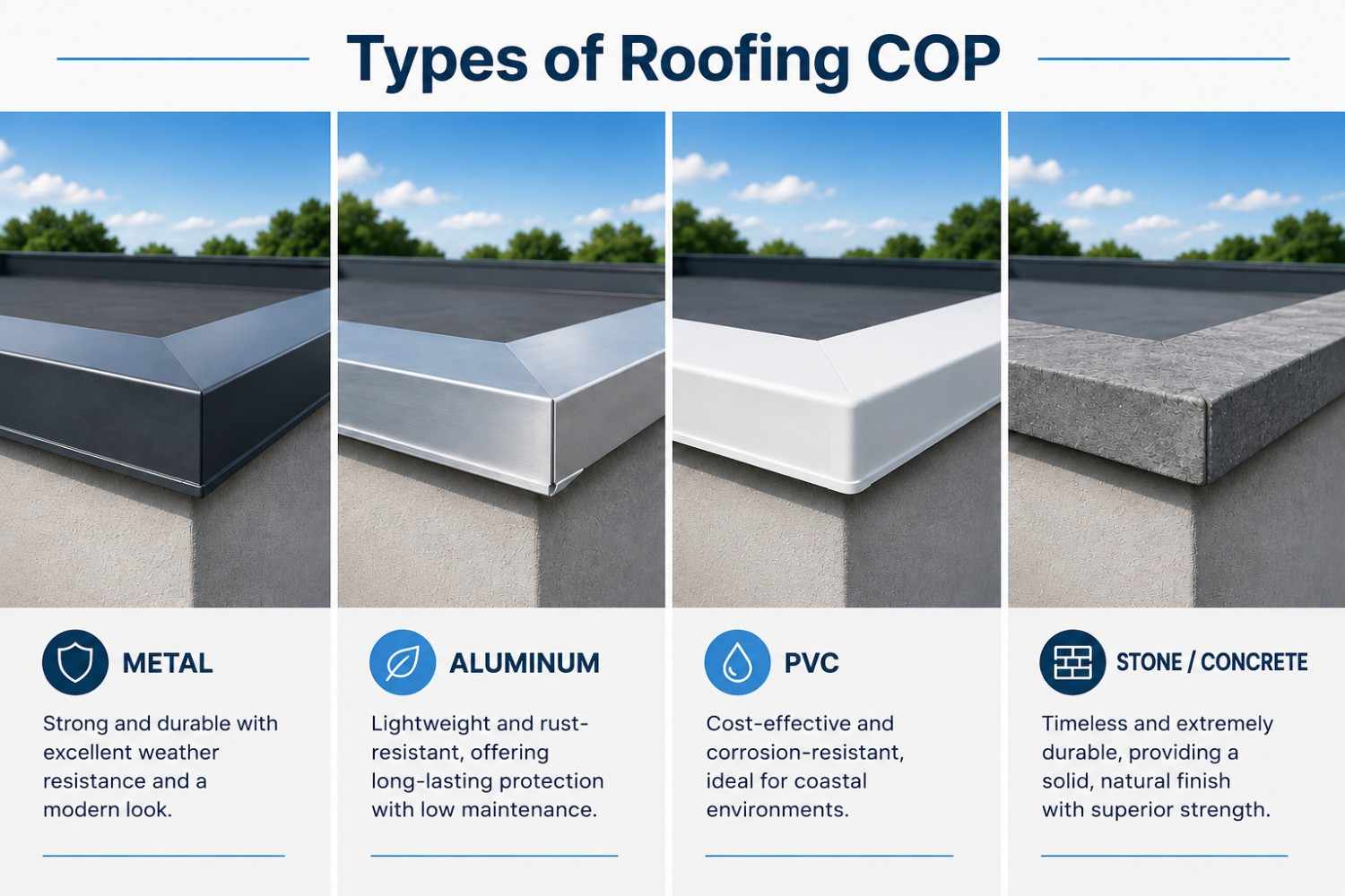 types of roofing coping materials shown in a comparison: metal, aluminum, PVC, and stone or concrete.