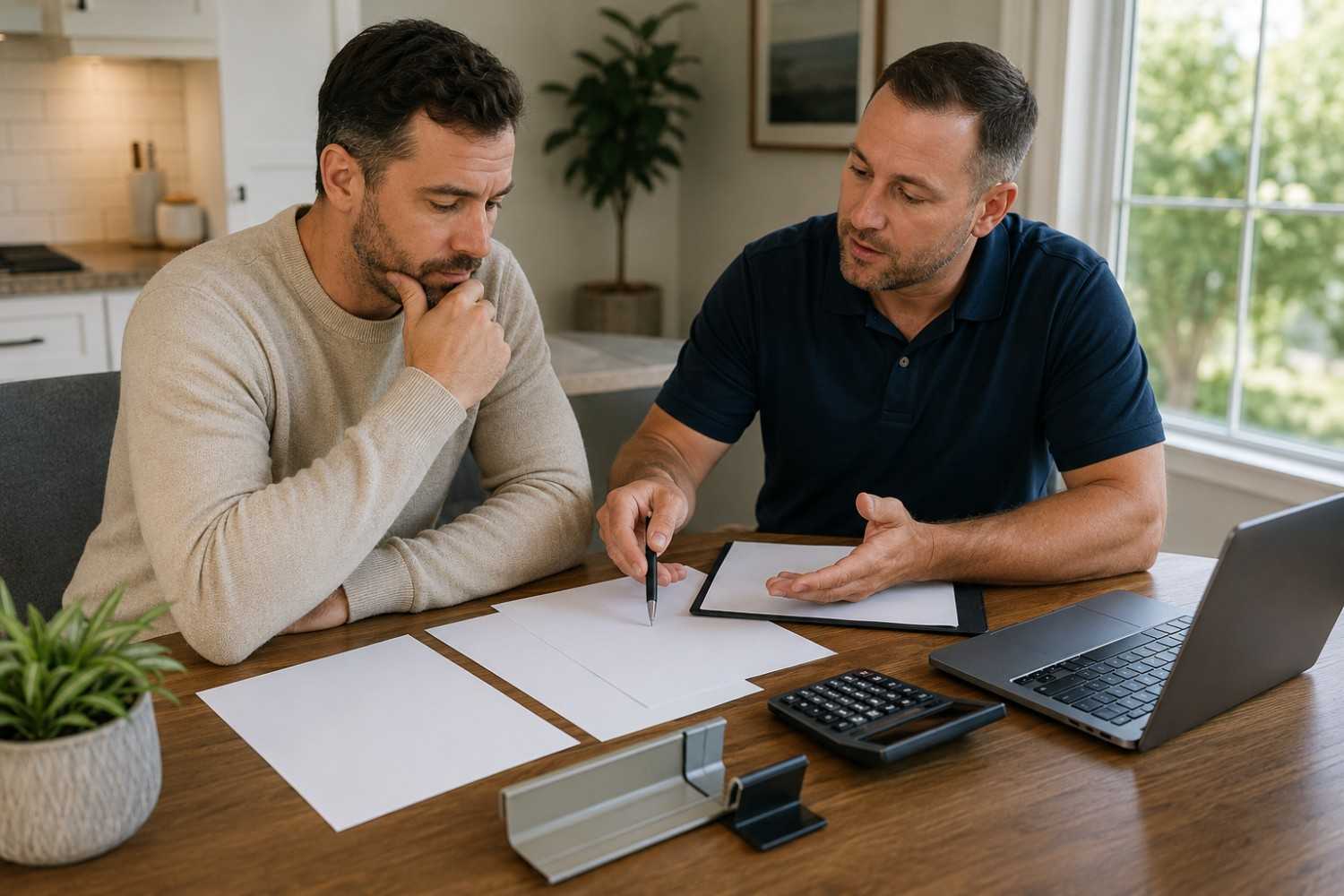 Homeowner comparing gutter installation quotes with a local gutter contractor