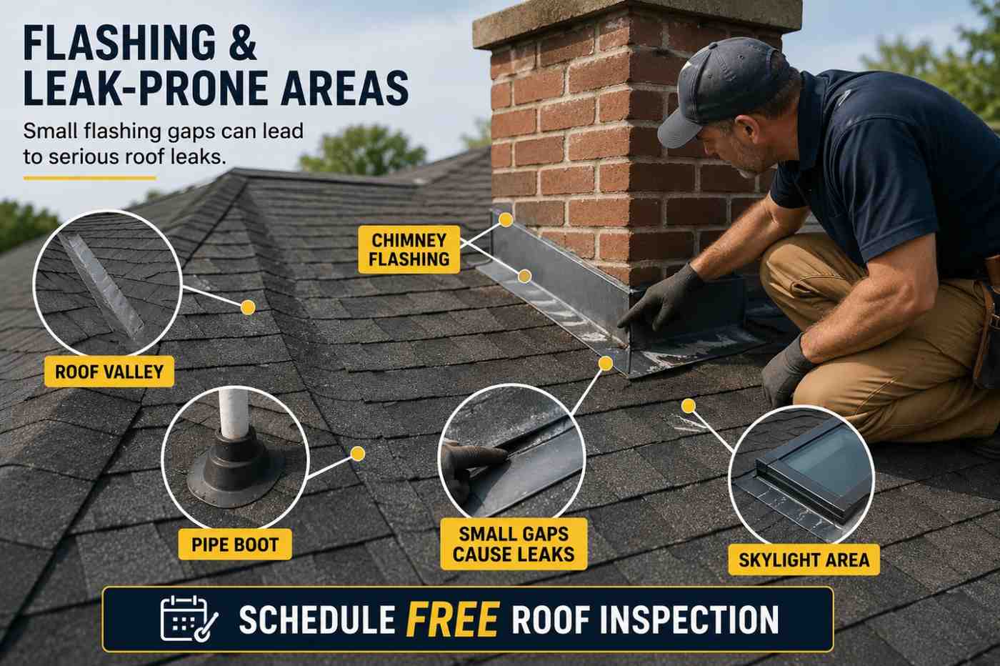 Roofer inspecting chimney flashing and leak-prone roof areas during a free roof inspection.