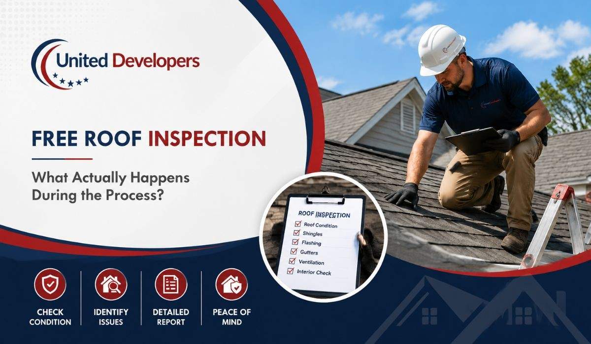 Professional roof inspection showing a worker examining the roof, checking for damages, and highlighting key steps for home maintenance and safety.
