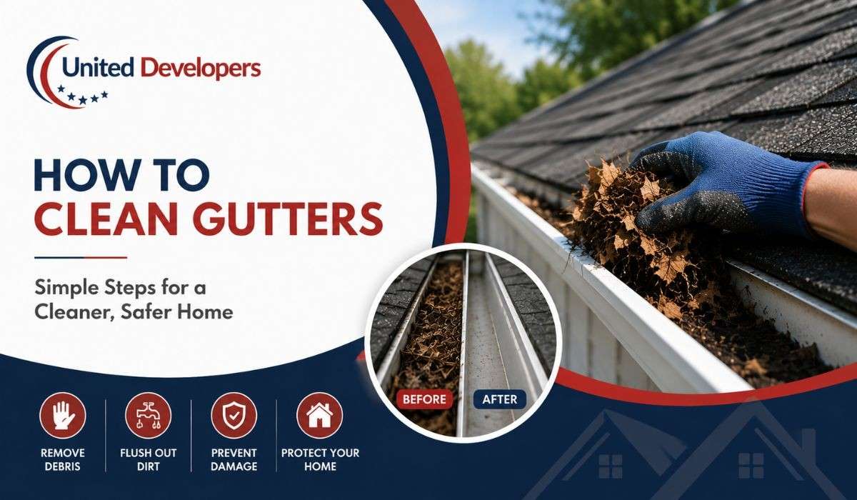 Professional gutter cleaning showing a worker removing debris, before-and-after gutter comparison, and steps to prevent damage and protect your home.