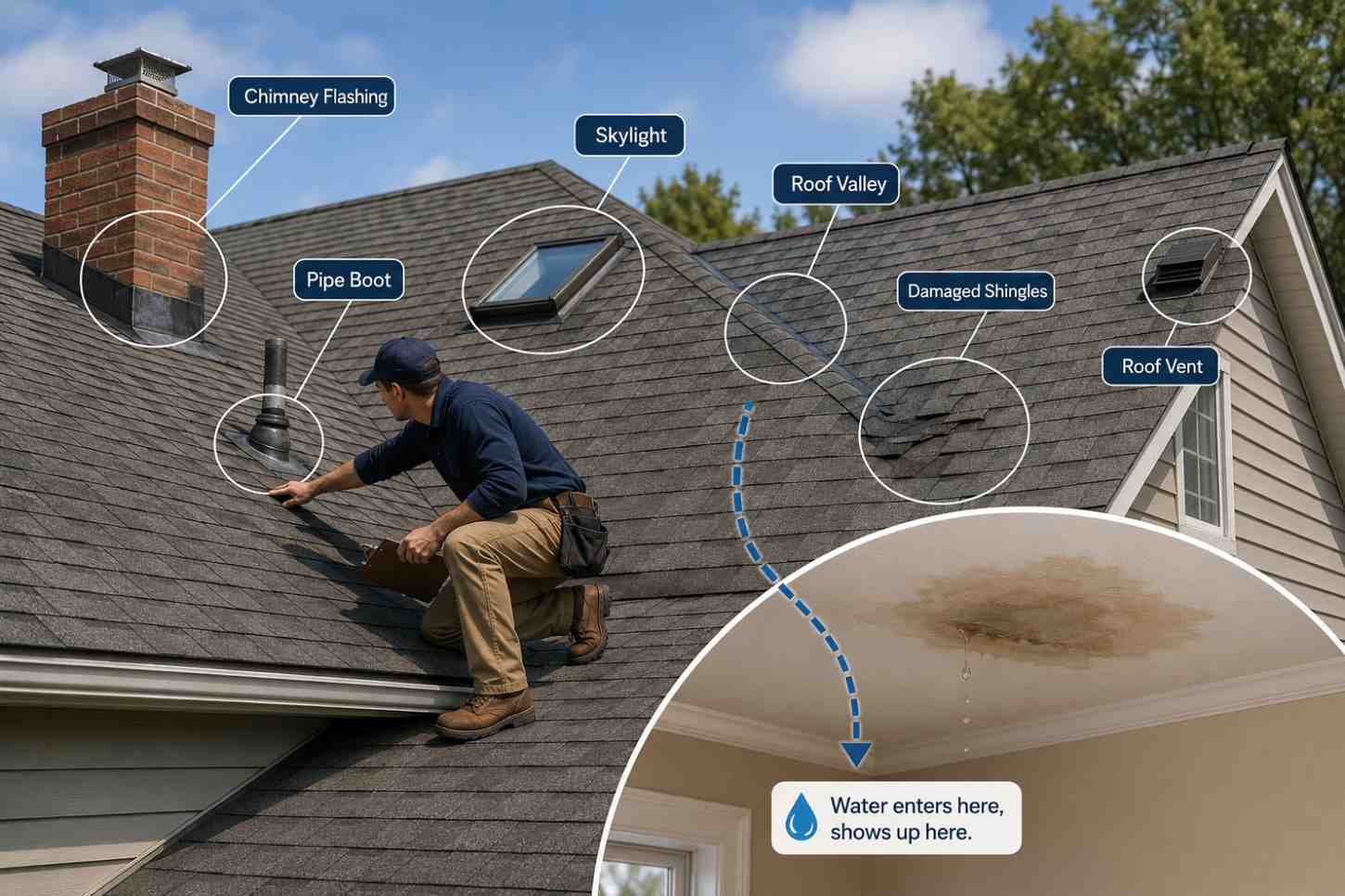 Roofer inspecting common roof leak sources, including chimney flashing, pipe boot, skylight, roof valley, damaged shingles, and roof vent.