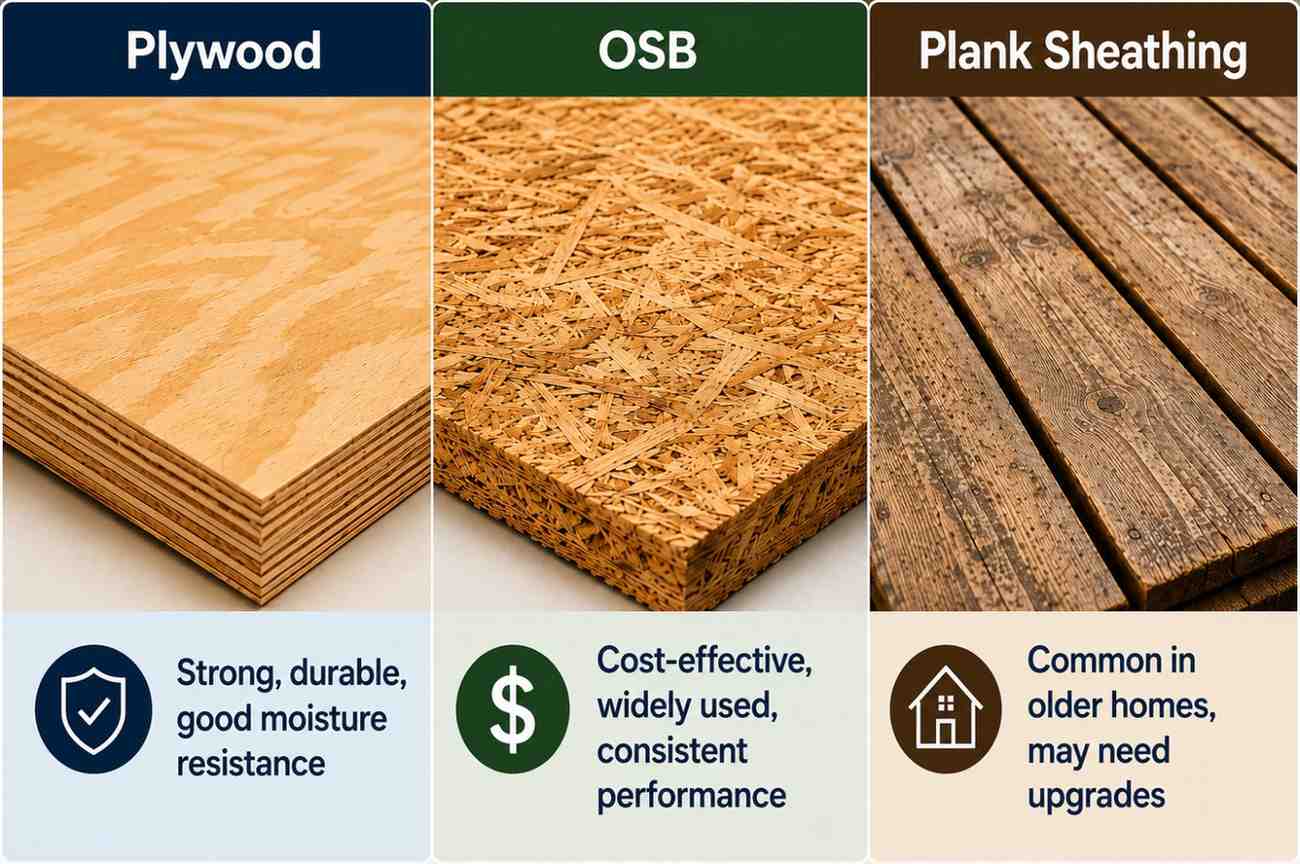 Comparison of plywood OSB and plank roof sheathing materials