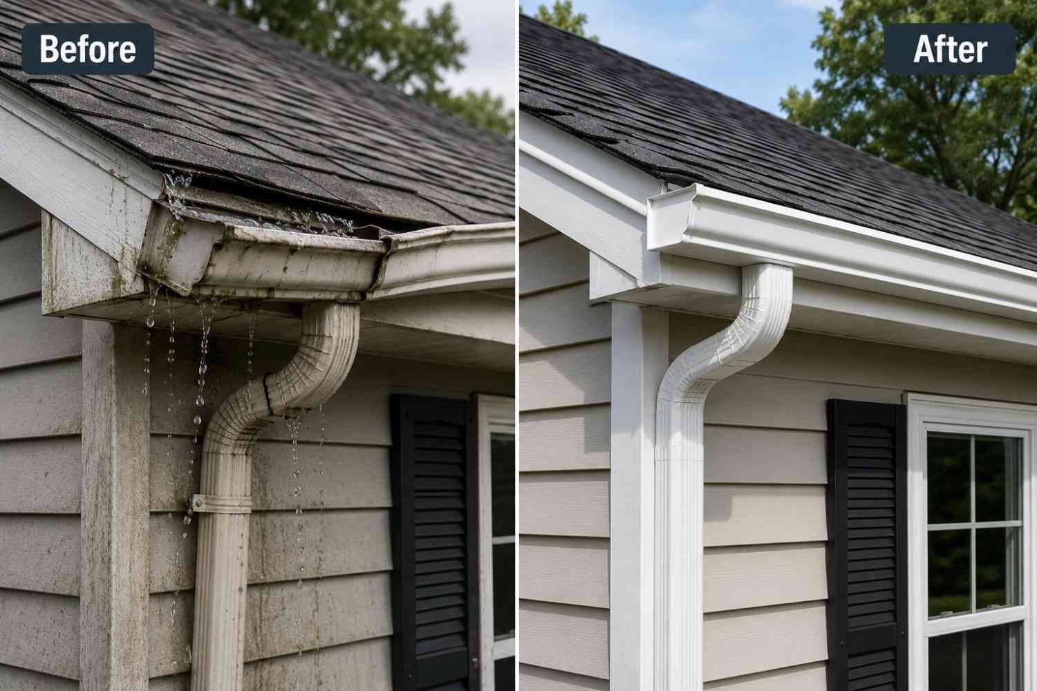 Before and after gutter repair showing leaking gutter fixed on a home