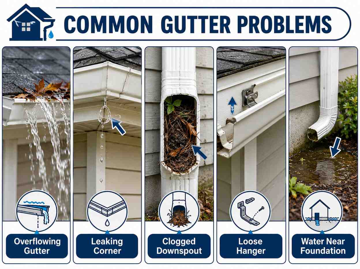 Common gutter problems homeowners should watch for around the roof and foundation