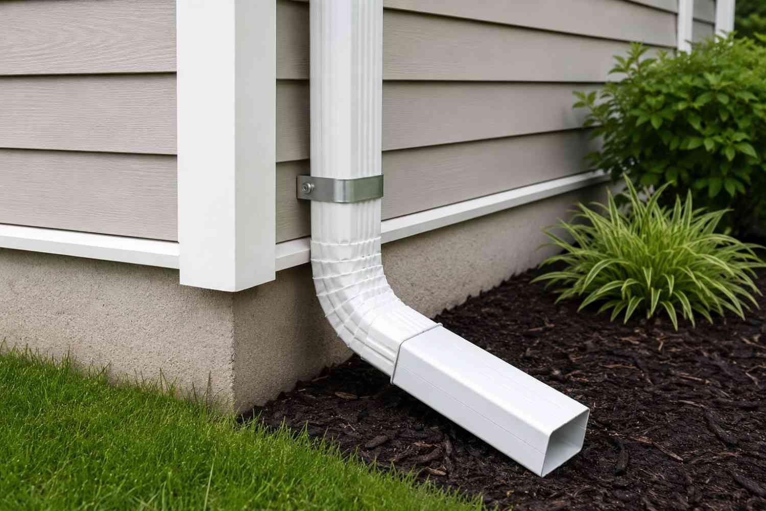 Close-up of gutter downspout parts including elbow, strap, and extension