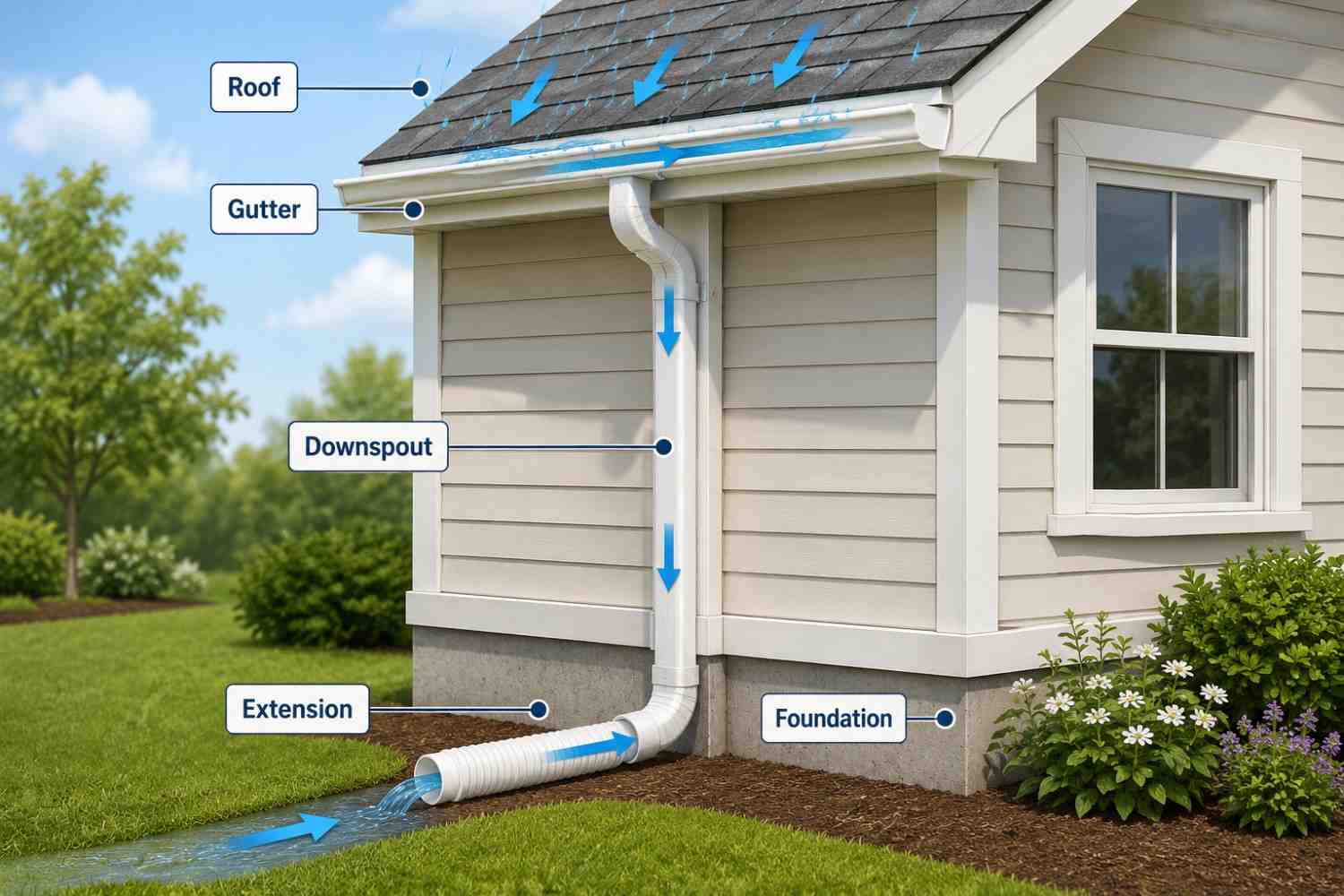 How gutter parts move rainwater from the roof away from a home foundation