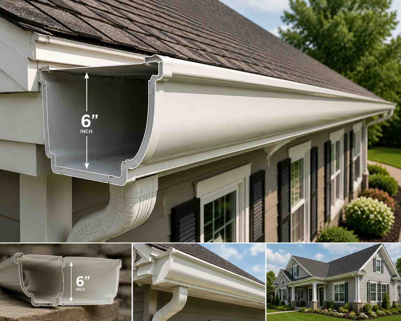 Close-up view of 6 inch seamless gutter installation on residential roof showing large capacity drainage system