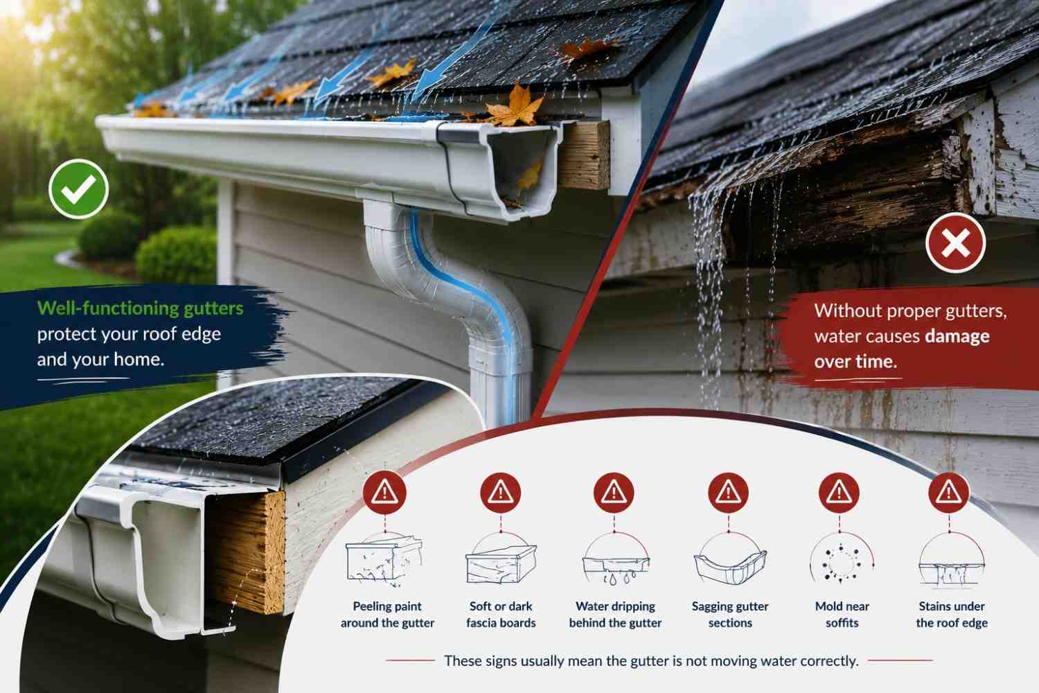 Gutter protecting roof edge from water damage