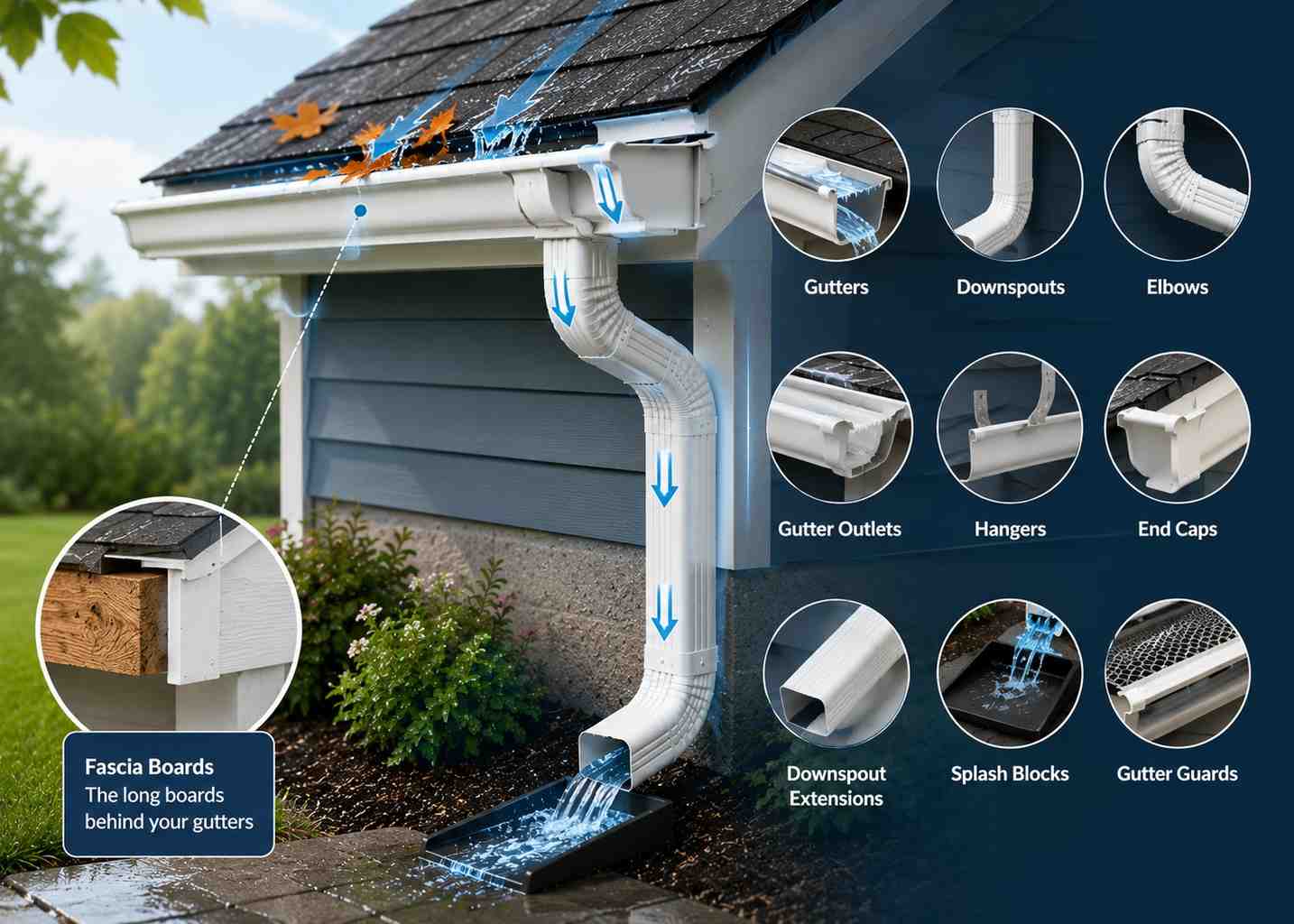Gutters and downspouts working together to move rainwater away from a home