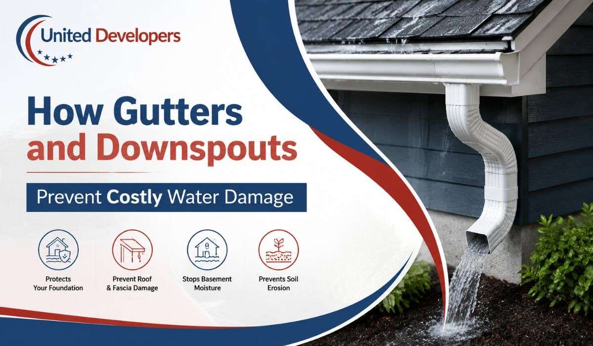 Gutters and downspouts directing rainwater away from a home to prevent roof and foundation water damage