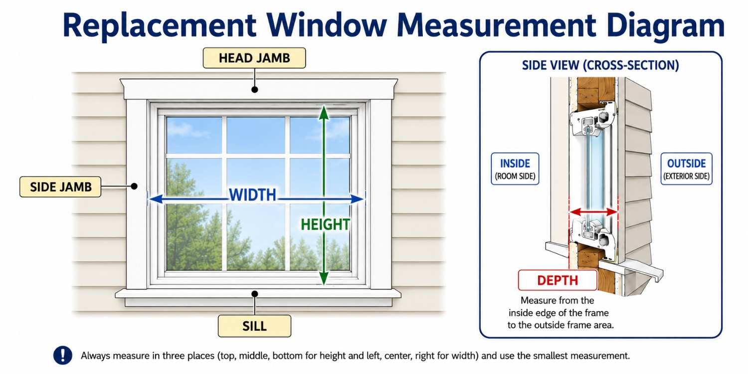 Replacement window measurement diagram showing width, height, depth, head jamb, side jamb, and sill.