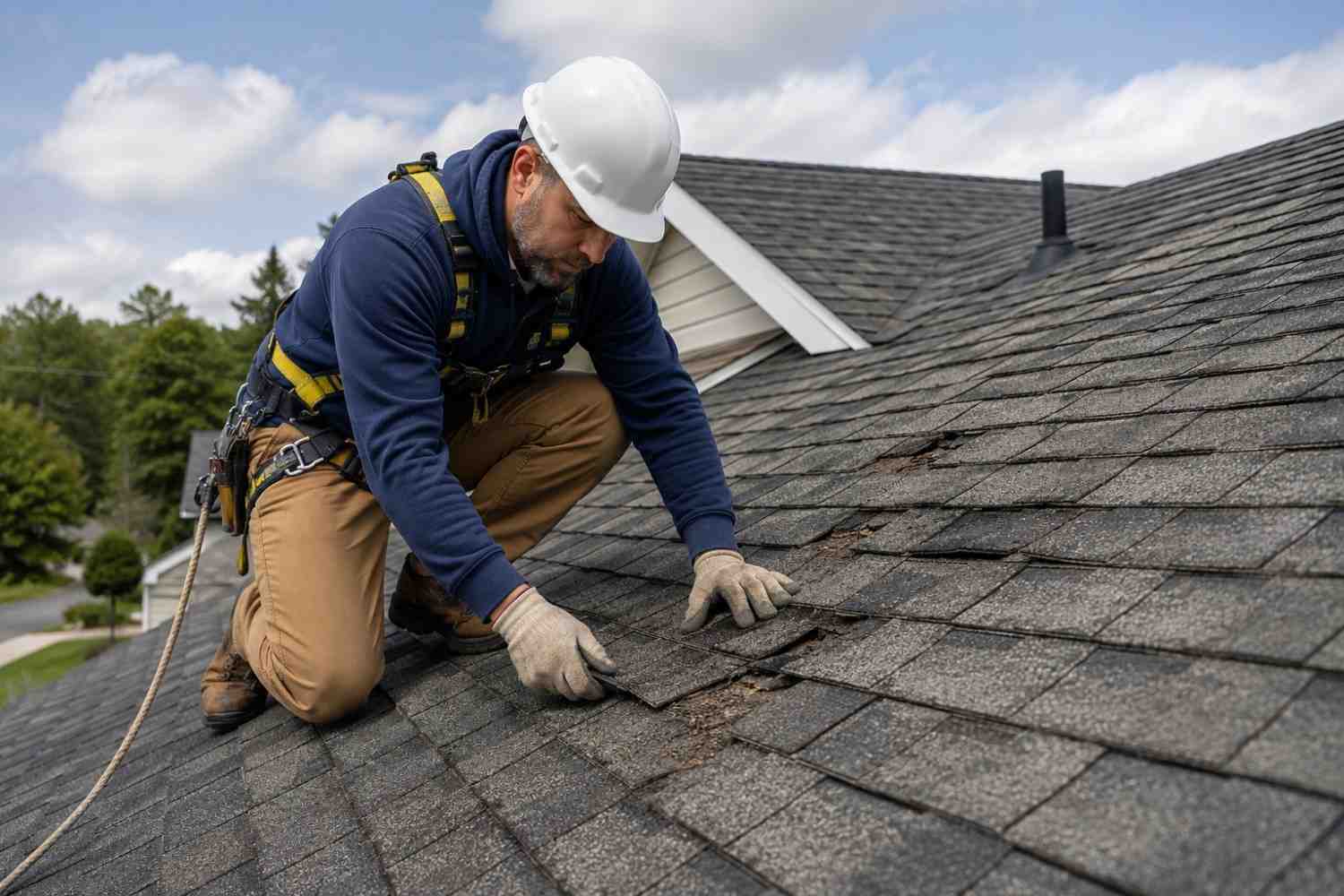 Roofer inspecting worn shingles to help prevent roof leaks