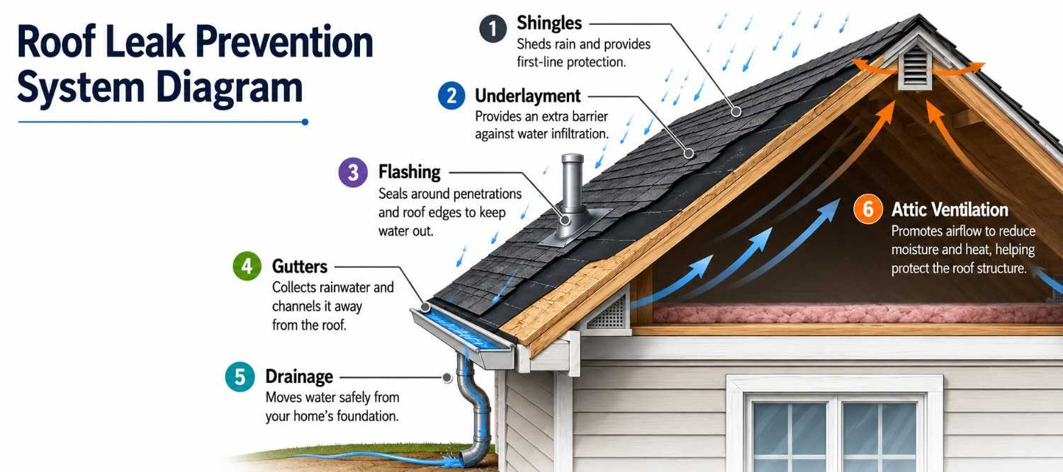 Roof leak prevention system diagram showing shingles, underlayment, flashing, gutters, drainage, and attic ventilation