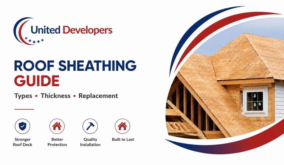 Roof sheathing guide banner showing roof decking installation on a residential home