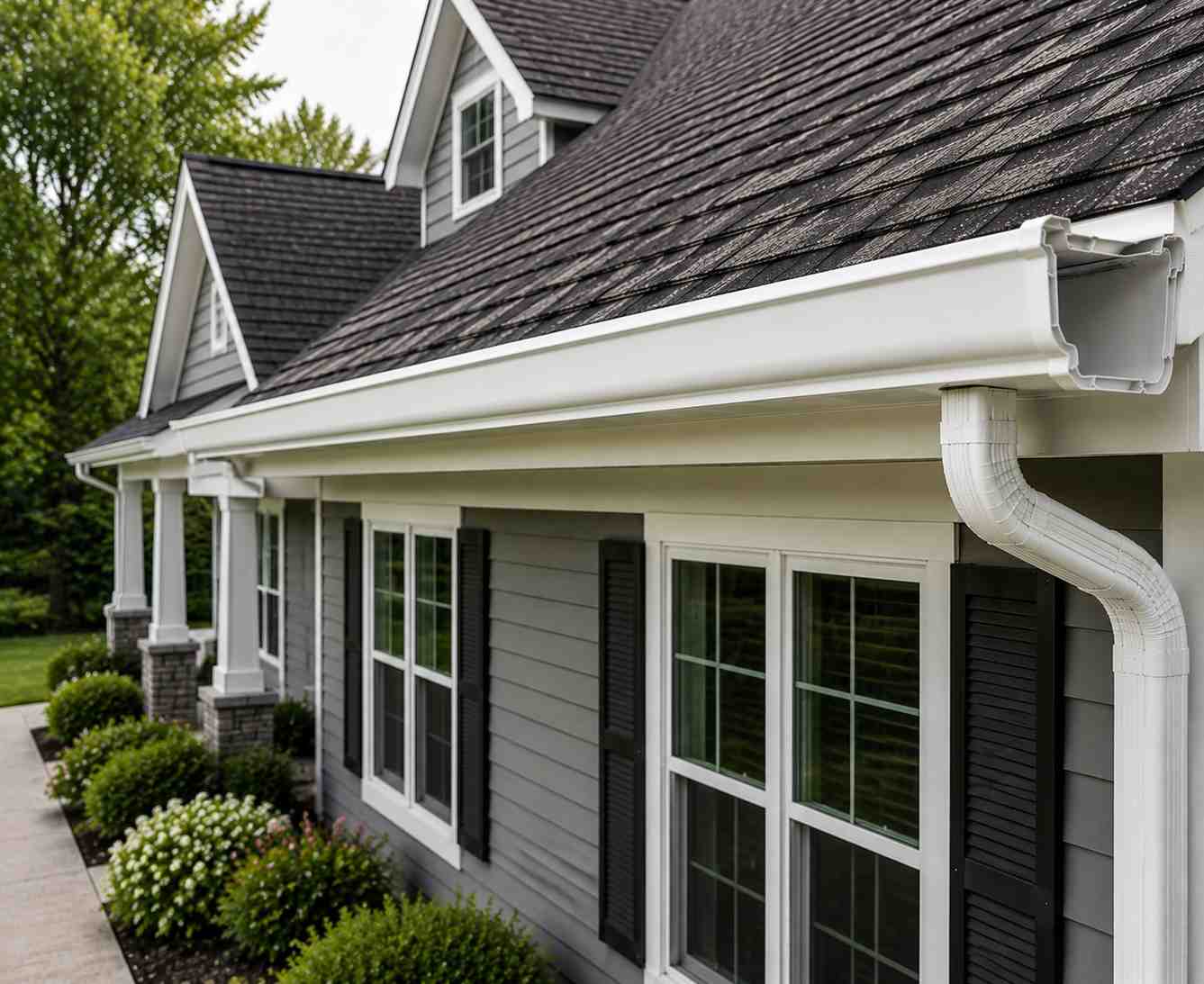 Close-up view of seamless gutter system installed along residential roof edge for efficient water flow and foundation protection