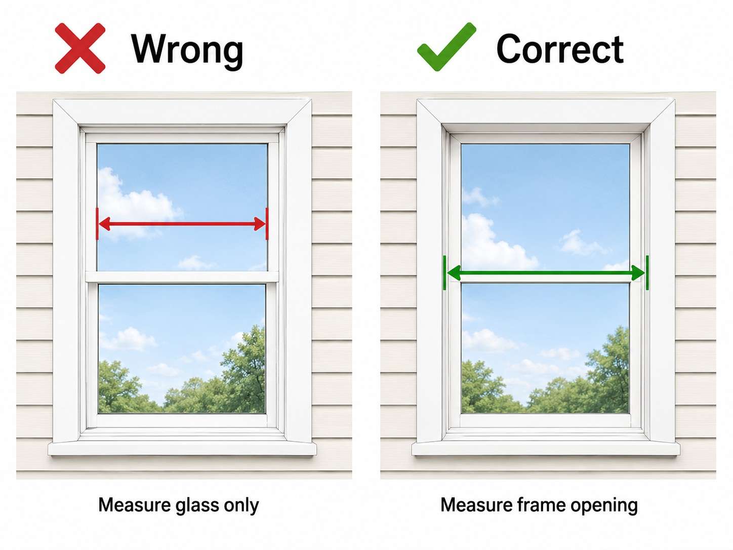 Wrong vs correct way to measure replacement windows, showing glass-only measurement versus frame opening measurement.